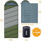 Cotton Flannel Lined Sleeping Bag for Adults Teens Kids, Cold Weather & Warm, 3 Seasons, Lightweight Compact Camping Essentials Equipment, Hiking, Outdoor, Travel