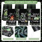 Redbaker 6 Pcs Camping Kitchen Towels Bonfire Tent Car Dishcloth Outdoors Happy Camper Hand Tea Towels Decorative Set Absorbent Camping Decor with Hanging Loop for Camper Gifts RV Accessories(Black)