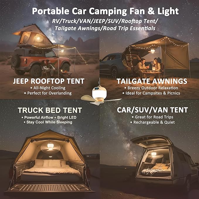 Camping Fan with Light & Remote, Portable Ceiling Fan for Tents, Canopy, Beach, RV, Car, Camper & Outdoor, Wireless Rechargeable Hanging Pop Up Tent Fans - 3 Speed Breeze & Timer