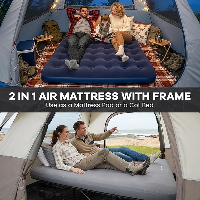 FUNDANGO Queen Camping Cot with Electric Pump, 2 Person Air Mattress with Frame, Double Camping Cot Bed with 2 Cup Holders & Removable Cover for Camp, Home Guest, Carry Bag Included (Grey)