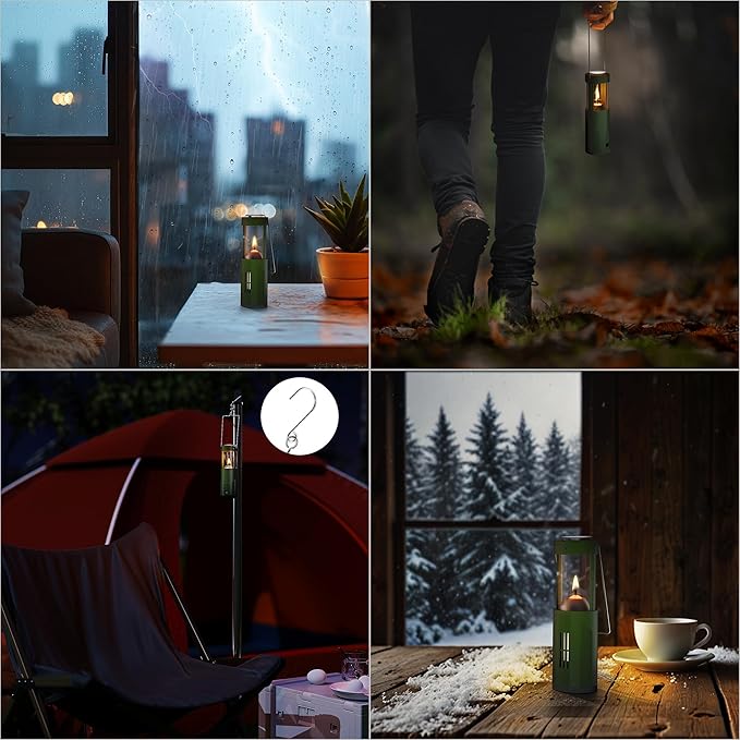 15Hour+ Long Burning Mini Candle Lantern for Real Candles, Outdoor Camping Emergency Lighting, Portable Survival Lantern for Power Outages w/ Storage Bag - Green, 1Pack
