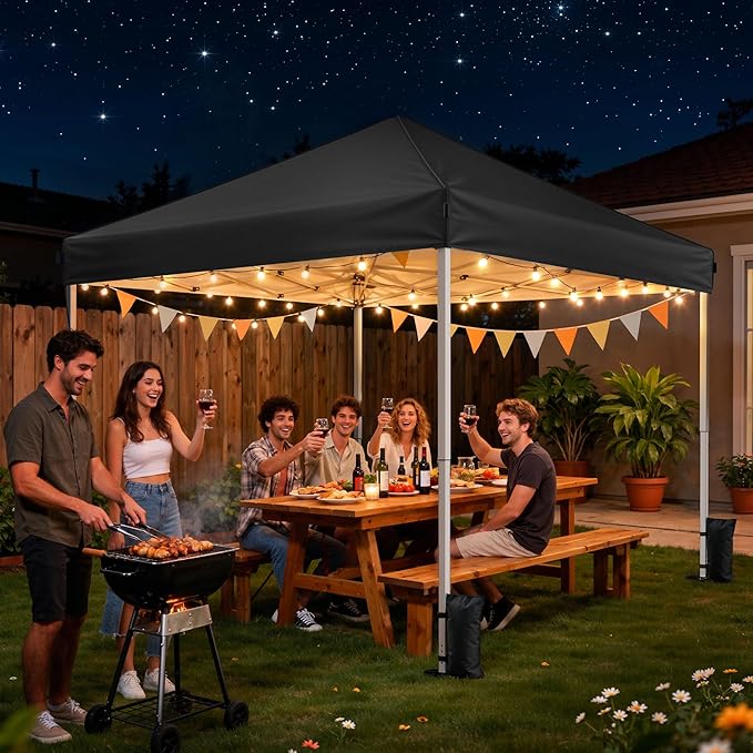10x10 Pop Up Canopy Tent, Instant Setup Portable Canopy with Carry Bag, 4 Sandbags and 8 Stakes for Outdoor Events, Parties & Camping - Black