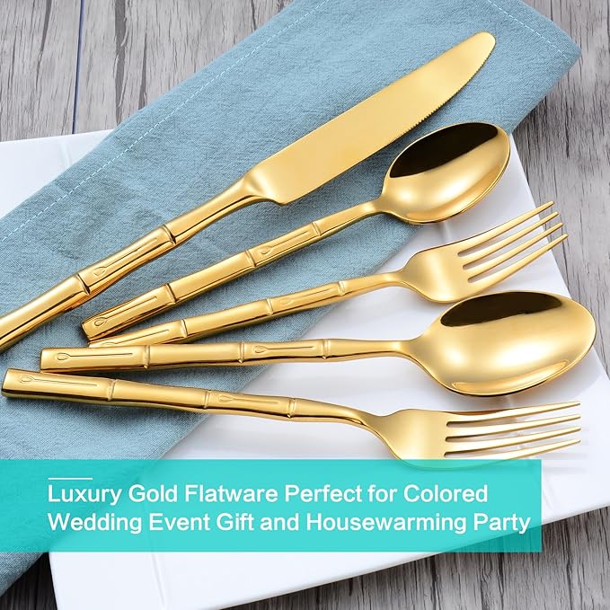 Flatware Set Gold Silverware Set Stainless Steel Bamboo Handle Cutlery Set Mirror Polished 40 Pieces for Home Kitchen Restaurant Hotel Wedding Housewarming Gift Service for 8