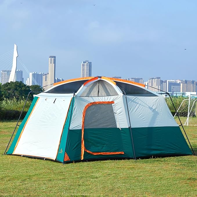 KTT Extra Large Tent 10-12-14 Person(Style-B),Family Cabin Tents,2 Rooms,3 Doors and 3 Windows with Mesh,Straight Wall,Waterproof,Double Layer,Big Tent for Outdoor,Picnic,Camping,Family Gathering