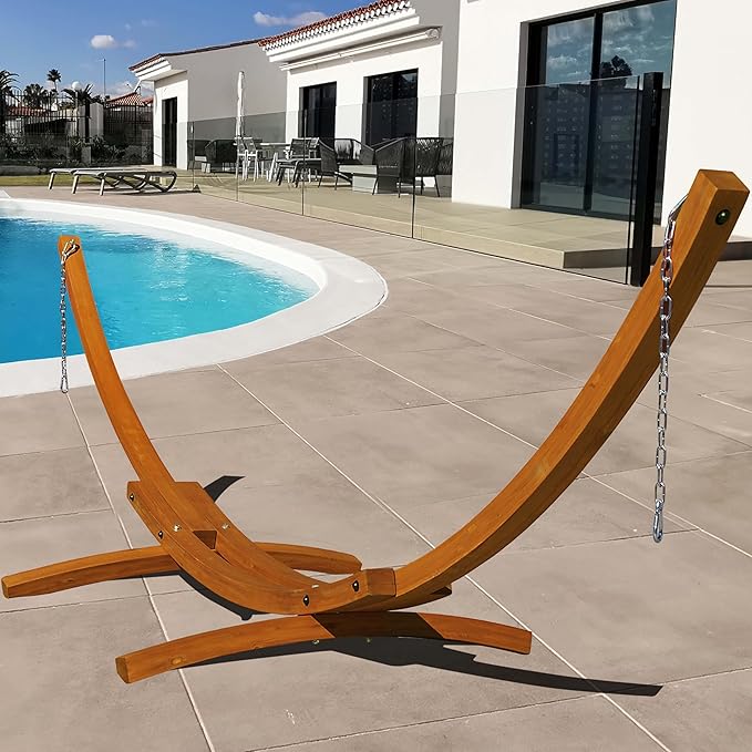 Lazy Daze Hammocks 12 FT Outdoor Arc Wood Hammock Stand, 2 Person Hard Pine Wood Hammock Stand with Carabiners and Chains for Outdoor Patio Garden Yard Poolside, 400lb Capacity, Brown