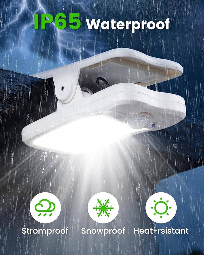 Clip on Solar Lights for Fence, 3 Modes Solar Motion Lights Outdoor Waterproof, 60LEDs 500LM Portable Security Light for Fence, Deck, Garage, Camping, USB Charging, 6 White