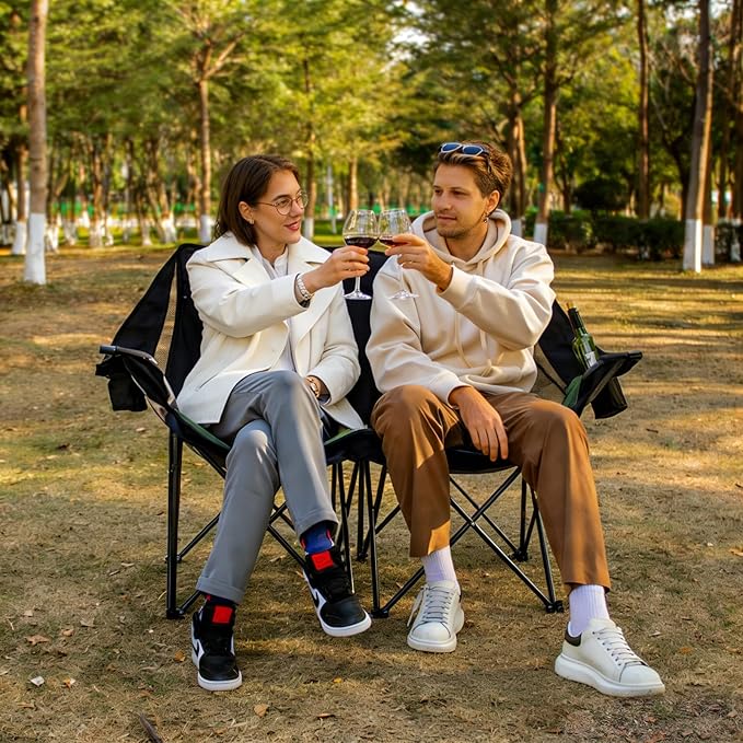 Double Camping Chair for Adults - Heavy Duty 700LB Oversized Padded Camping Loveseat, 2 Person Folding Outdoor Chair with Cup Holders for Lawn, Backyard (Green)