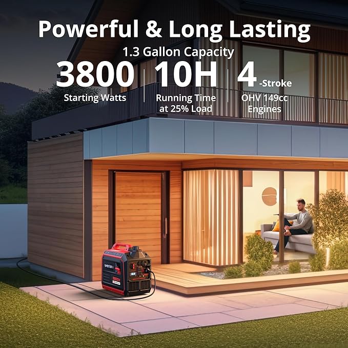 3800W Portable Inverter Generator, Gas Powered with CO Sensor, Digital Display, Super Quiet and Lightweight Generator for Camping, Home Emergency Use, Tailgating, RV Ready, EPA Compliant