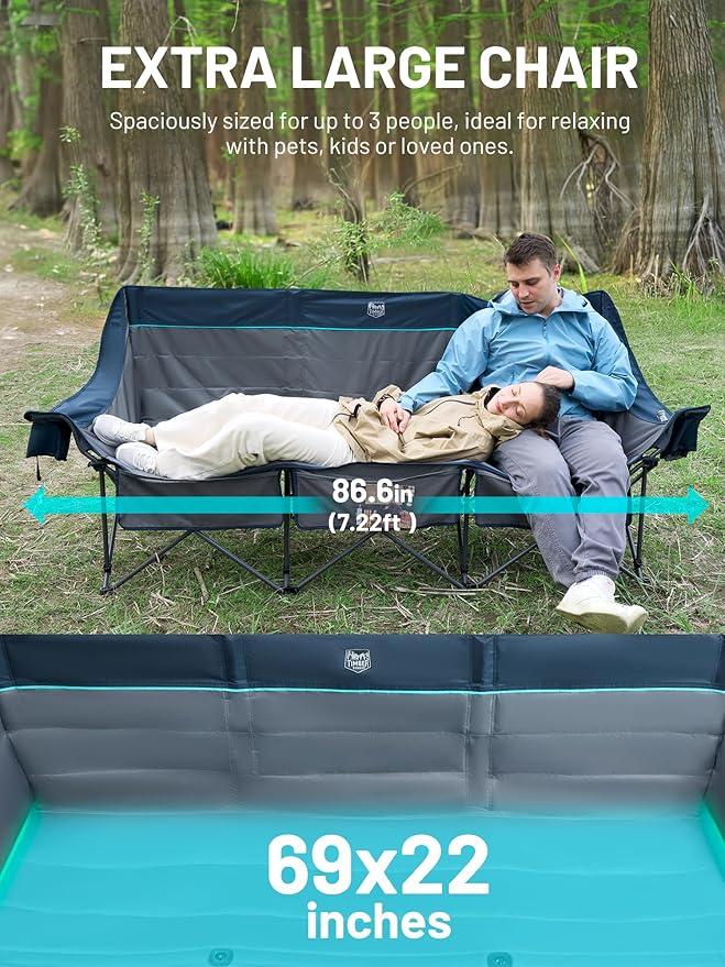 Timber Ridge Padded 3 Person Camping Chair with Cup Holders and Pockets, Outdoor Folding Loveseat Camping Chairs, 1050lbs Capacity Heavy Duty Camp Couch for Outside Picnic, Beach, Lawn, Sports, Blue