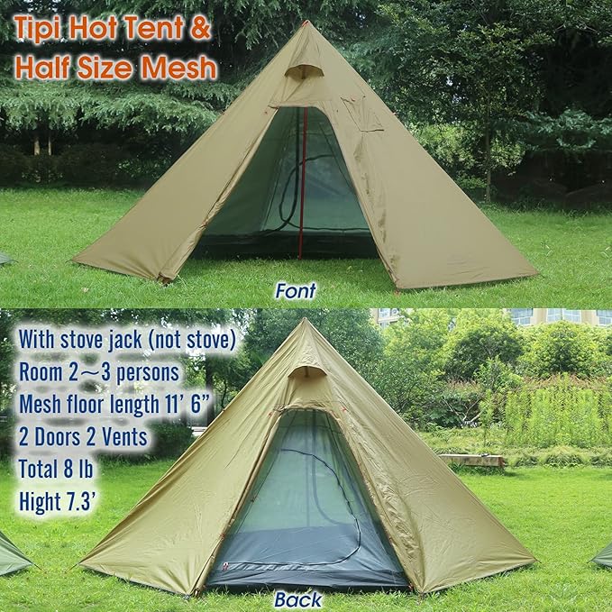 4 Persons 5lb Lightweight Tipi Hot Tents with Stove Jack, 7'3" Standing Room, Teepee Tent for Hunting Family Team Backpacking Camping Hiking