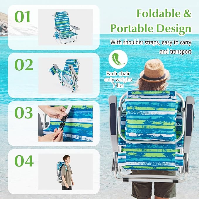 GYMAX Beach Chair, 330lbs Backpack Lounger with 5-Position Backrest, Storage Bag, Side Pocket, Towel Bar & Headrest, Foldable Low Beach Lounge, Portable Aluminum Lay Out Camp Chair (1, Blue)
