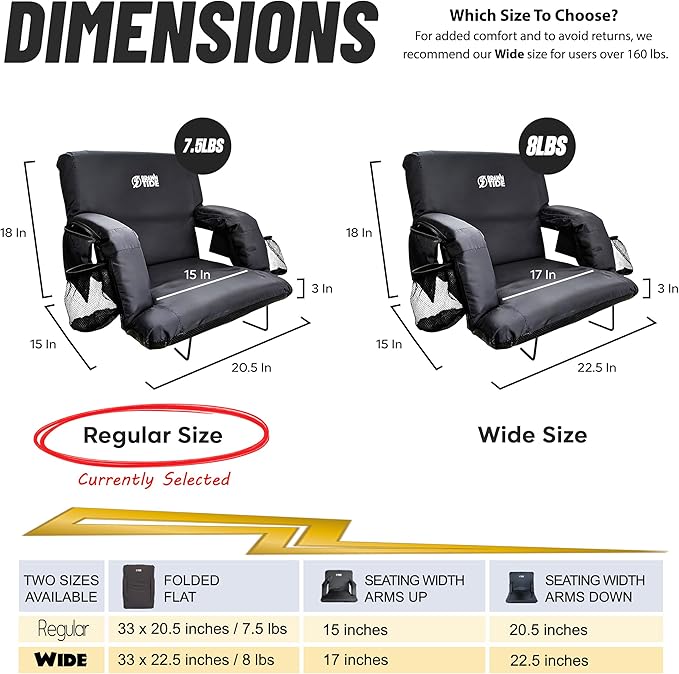 BRAWNTIDE Stadium Seat for Bleachers with Back Support - Wide Padded Reclining Bleacher Seat, Portable Folding Stadium Chair with Armrests, Hooks, Straps, Cup Holders & Pockets for Games & Concerts