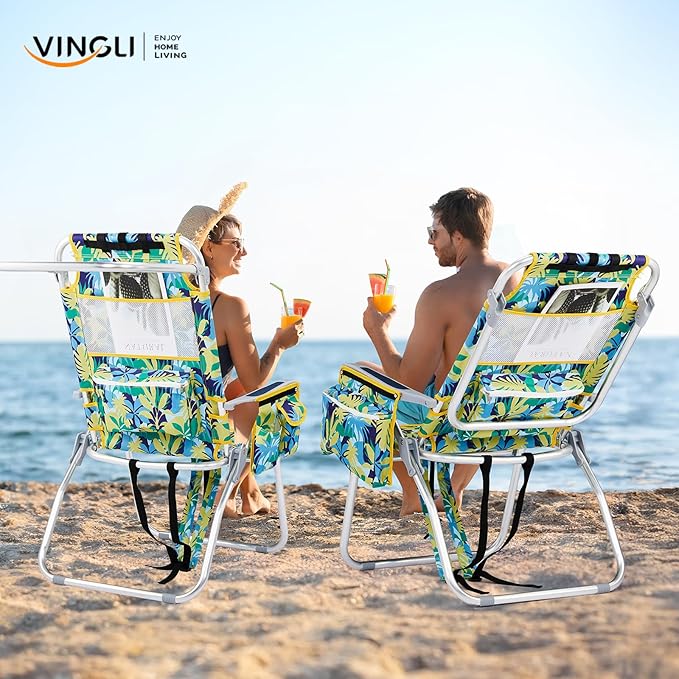 VINGLI Tall Beach Chair 2 Pack Lightweight, Backpack Beach Chair for Adults with 5-Position, Cooler Bag, Cup Holders, Towel Bar, Lightweight Folding Beach Camping Chairs