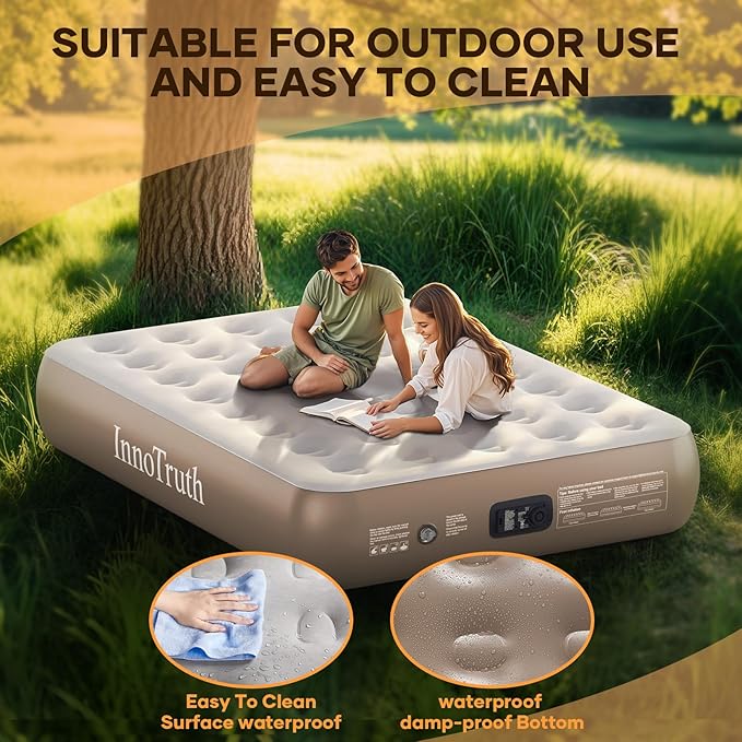 InnoTruth Camping Air Mattress, Full Size with Built in Pump, Inflatable Mattress Blow up Mattress, Family Choice Award Winner-13 Colchones Inflables Foldable Air Bed for Guest & Home, Light Brown