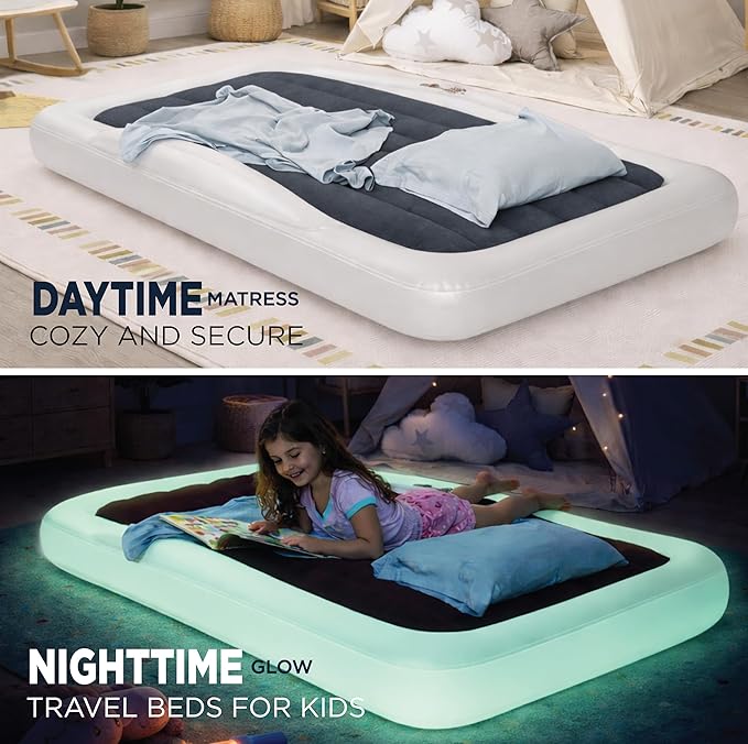 The Shrunks Inflatable Travel Bed with LED & Remote – Portable Kids Air Mattress for Travel, Camping & Sleepovers – Blow Up Bed with Glowing Halo Designed for Balance – Toddler Size