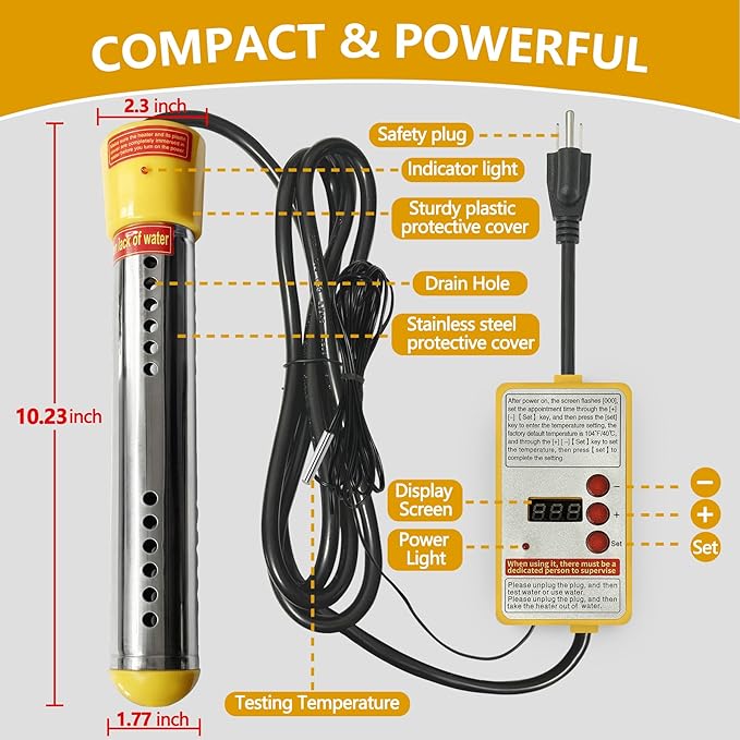 Adjustable Immersion Water Heater 1500W, Portable Stainless Steel Bucket Heater with Thermostat, Auto Shut-Off, Temperature Display, Safety Alarm, Fast Heating for Home, Bath, Camping, RV