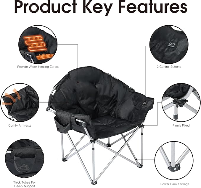SunSettler Heated Camping Chair, Oversized Heated Outdoor Chairs for Adults with 3 Heat Levels, Portable Folding Padded Chair for Camp, Lawn, Sports (Battery NOT Included) (Black, Oversized)