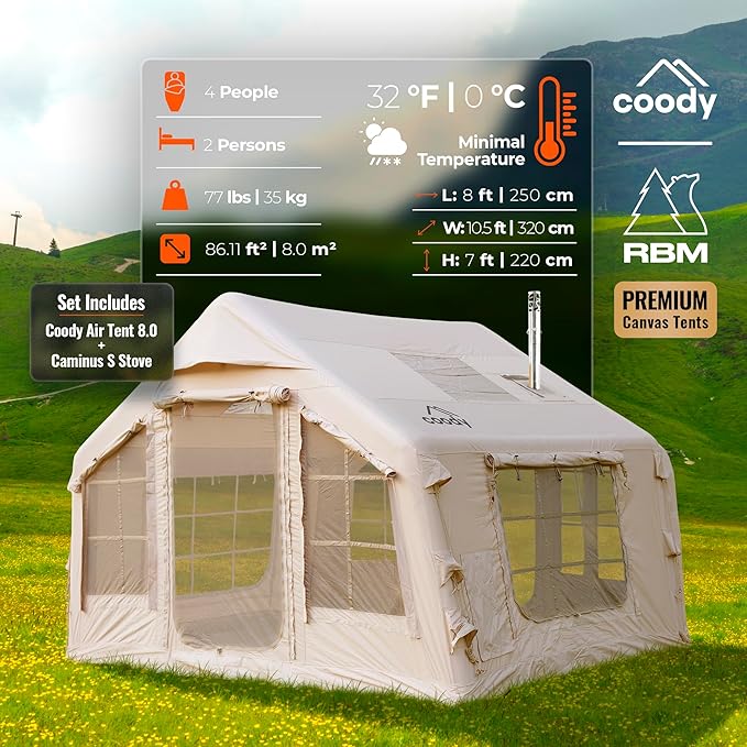 Coody Inflatable Canvas Camping Tents with Stove Jack – Premium Air Beam Family Glamping Tent, Breathable Cotton Canvas, Fast Setup Air Tent with Pump
