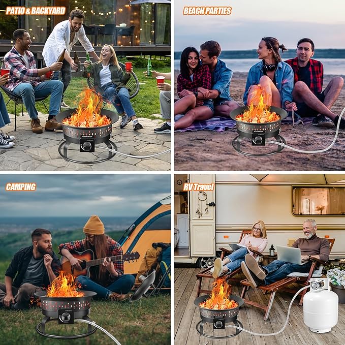19″ Outdoor Portable Propane Fire Pit with Grill Grate, Cover&Carry Kit,Fireplace,60,000 BTU Camping Propane Firepit,Portable Gas Fire Pit for Outside Patio,Camping,RV,Smokeless Gas Firebowl