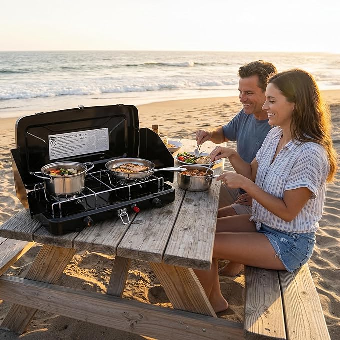 Camping Stove, 2 Burners Propane Portable Camp Stove with Regulator, Push-Button Instant Ignition, Adjustable Burners & Wind Guards for Car BBQ Picnics Outdoor Cooking