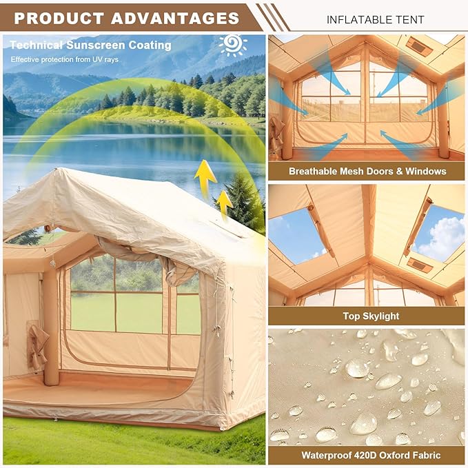 Inflatable Tent House Camping Tent with Mesh Windows and 2 Skylights Waterproof Oxford Blow Up Tent with Chimney Opening Family Tent with Pump Easy Setup Air Glamping Tents for Camping Outdoor