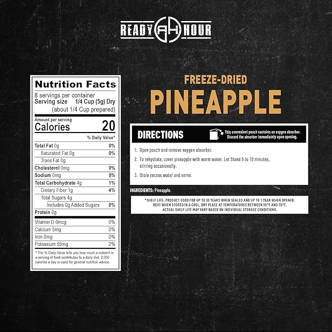 Ready Hour Freeze-Dried Pineapple Case Pack – Emergency Snack, Tropical Fruit, Long-Term Storage, Bulk Survival Food, Prepper Pantry Essential – 32 Servings (4 Pouches)
