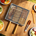Grill Basket Set,Removable Wooden Handle,BBQ Vegetable Basket with Easy Open Lid,Food tongs,oil brush,Smoker Grilling Accessories for fish,Outdoor Cooking Camping, Birthday Gifts for Men Dad Husband