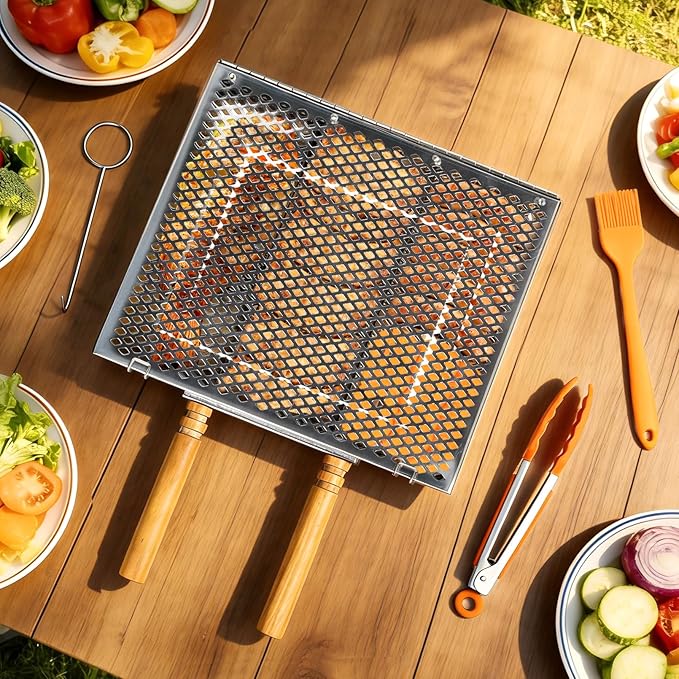 Grill Basket Set,Removable Wooden Handle,BBQ Vegetable Basket with Easy Open Lid,Food tongs,oil brush,Smoker Grilling Accessories for fish,Outdoor Cooking Camping, Birthday Gifts for Men Dad Husband