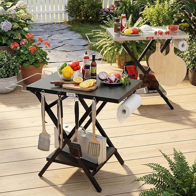 Folding Grill Table, Pizza Oven Table & Portable Table with Bottom Shelf, Tool Hooks, Trash Bag Holder & Paper Towel Rack, Grill Stand for Pizza Oven & Tabletop Griddle, BBQ & Tailgating, Black