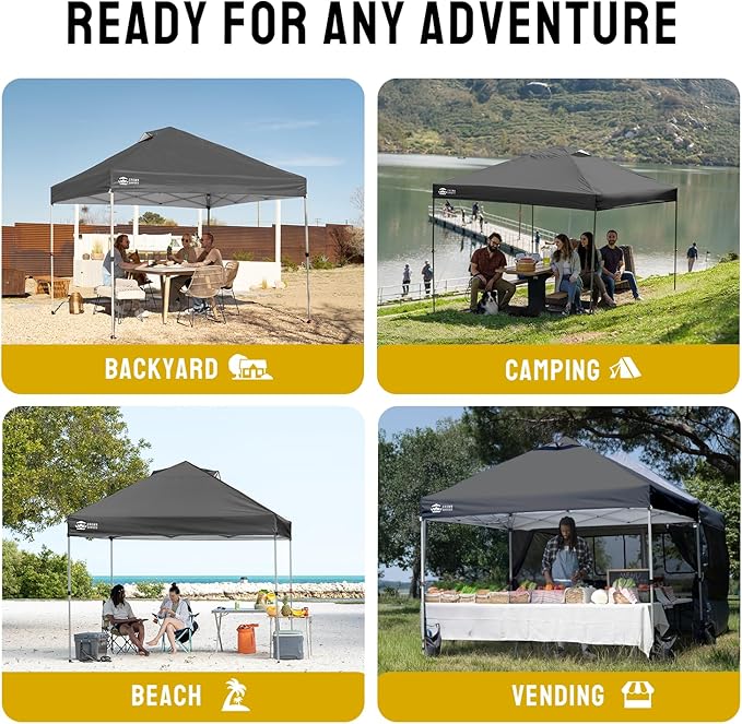 CROWN SHADES 12x12 Pop Up Canopy - Beach Tent with One Push Setup - Easy Outdoor Sun Shade Shelter for Events, Parties - Gazebo with STO-N-Go Cover Bag, Silver Coated Top, Grid Grey