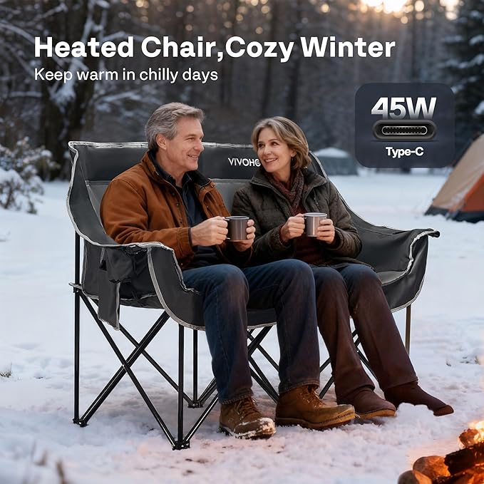 VIVOHOME 45W Padded Heating Double Camping Chair with 2 x 27000mAh Power Bank, Heated Oversized Portable Loveseat for Outdoor Sports, 3 Levels of Heat, Overheat Protection System, Black and Gray