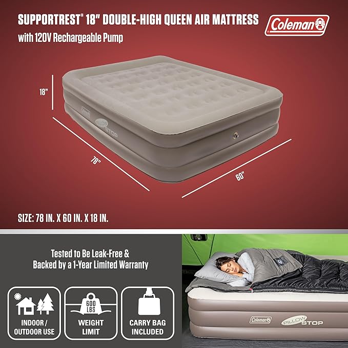 Coleman SupportRest Double-High 18" Queen Air Mattress | Indoor and Outdoor Raised Airbed with 120V Rechargeable Air Pump | Blow Up Air Mattress for Camping