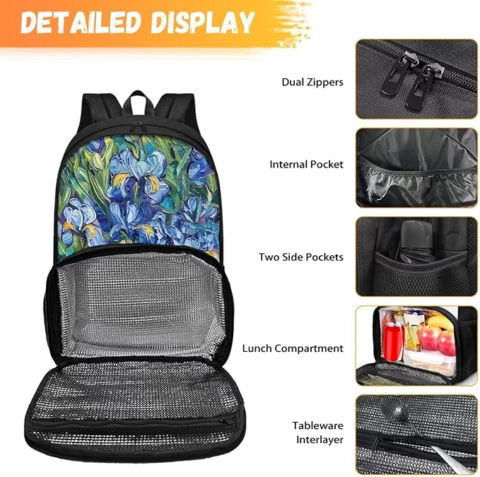 Hiking Picnic Food Cooler Backpack for Teens Men Women Primary Middle High School Bookbag Outdoor Laptop Bag All In One Backpack Meal Bag, Cat in Irises Floral
