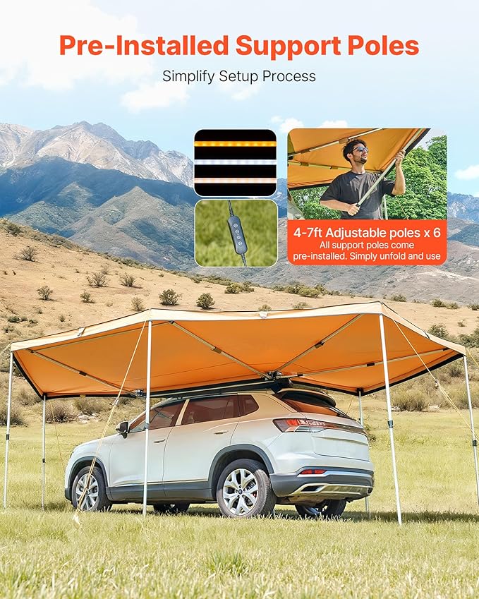 VEVOR 270 Degree Awning with Bulit-in LED Lights, 133 sq.ft Driver Side Vehicle Awning, Waterproof UV50+ Car Side Awnings, All-Weather Free-Standing Overland Awnings Car Shelter for SUV Truck Camping