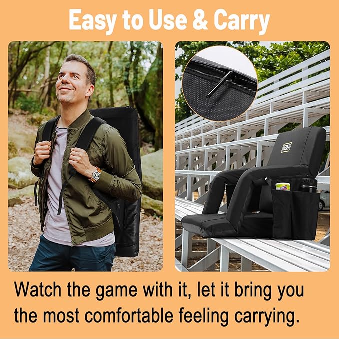 Heated Massage Reclining Stadium Seat, Bleacher Chair with 10000mAh Portable Bank, 6 Reclining Positions for Camping, Games & Sports