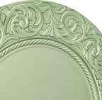 100 Pcs 13 Inch Green Charger Plates, Bulk PP Wedding Chargers with Floral Reef Design Decorative Round Ruffled Rim Dinner Plates for Wedding Party Event Table Setting Decoration