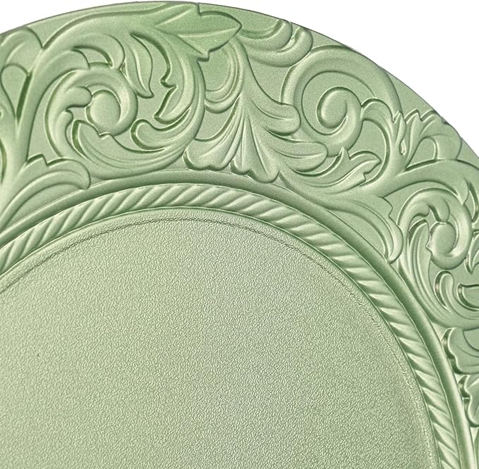 100 Pcs 13 Inch Green Charger Plates, Bulk PP Wedding Chargers with Floral Reef Design Decorative Round Ruffled Rim Dinner Plates for Wedding Party Event Table Setting Decoration