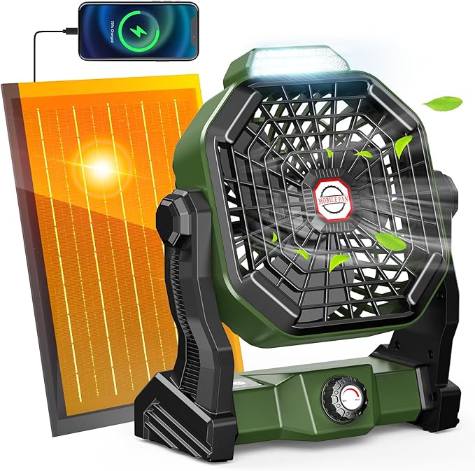 Rechargeable Solar Powered Fan,(30Hours Working) Solar Camping Fans & Led Lantern,8-inch Portable Fan with 7W Solar Panel, Battery Operated Powered Outdoor Tent Fans for Camping Essentials Accessories