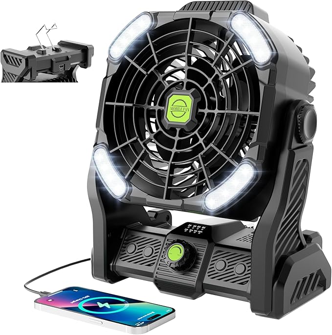 20000mAh Cordless Fan Emergency Portable Rechargeable Fan & Light for Power Outage, Car Defrosting, Indoor - Battery Operated Fan with 270° Pivot, USB, Hook & LED, Portable Camping X26 Black