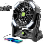 20000mAh Cordless Fan Emergency Portable Rechargeable Fan & Light for Power Outage, Car Defrosting, Indoor - Battery Operated Fan with 270° Pivot, USB, Hook & LED, Portable Camping X26 Black