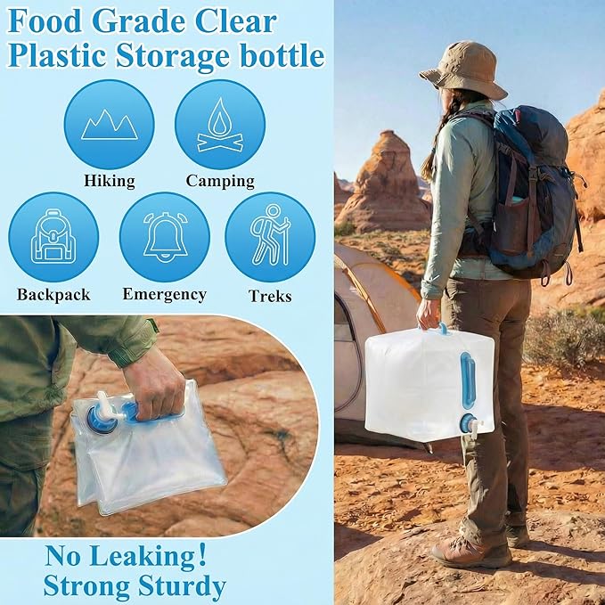 4-Pack 5.3Gal Collapsible Water Containers with Spigot - Labor-Saving Dual Handles - BPA Free Food Grade Canteen for Outdoor Hiking, Camping, Emergency - Portable, Foldable
