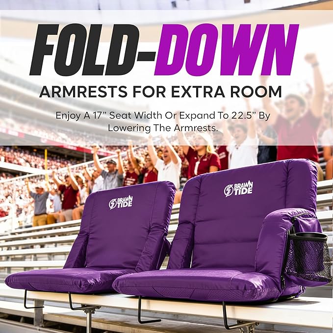 BRAWNTIDE Stadium Seat for Bleachers with Back Support - Wide Padded Reclining Bleacher Seat, Portable Folding Stadium Chair with Armrests, Hooks, Straps, Cup Holders & Pockets for Games & Concerts