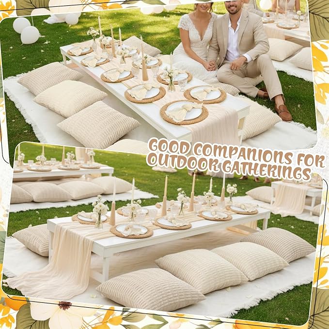 91 x 71 Extra Large Outdoor Boho Picnic Blanket with White Table Runner, 6 Throw Pillow Covers 6 Napkins Woven Cotton Yarn Oversize Beach Blanket Washable Picnic Camp Wedding