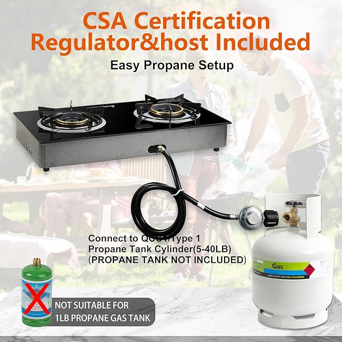 Gas Stove 2 Burner Propane Stove Two Burner Gas Cooktop, Tempered Glass Auto Ignition LPG Cooker, Suitable for Outdoor/Camping/RVs