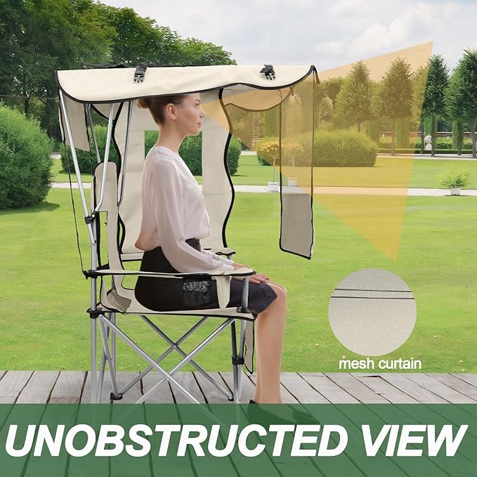 ptlsy Folding Camping Chair with Canopy, Beach Chair with Canopy Shade with Cup Holders, Cooler Bag for Camping, Fishing, Beach, Sports and Concert (White)