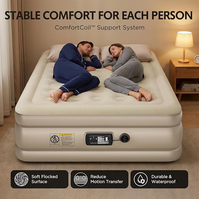 Simpli Comfy Inflatable 18” Queen Air Mattress with Built in Pump Self Inflating Blow Up Durable Heavy Duty Stay Firm Comfortable Air Bed Elevated for Home Guest Travel Relocate Camping