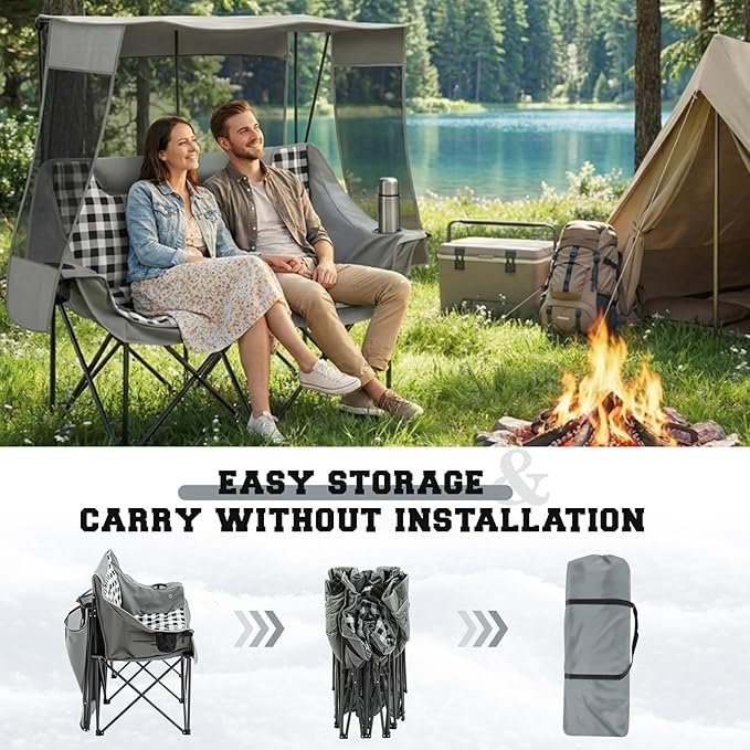 Double Camping Chair with Canopy Shade Oversized Folding Loveseat with Roof, 660lbs Heavy Duty Outdoor Lawn Chair with Holders Pocket for Camping, Fishing (Heating Zones for Cool Evenings)(Gray Plaid)