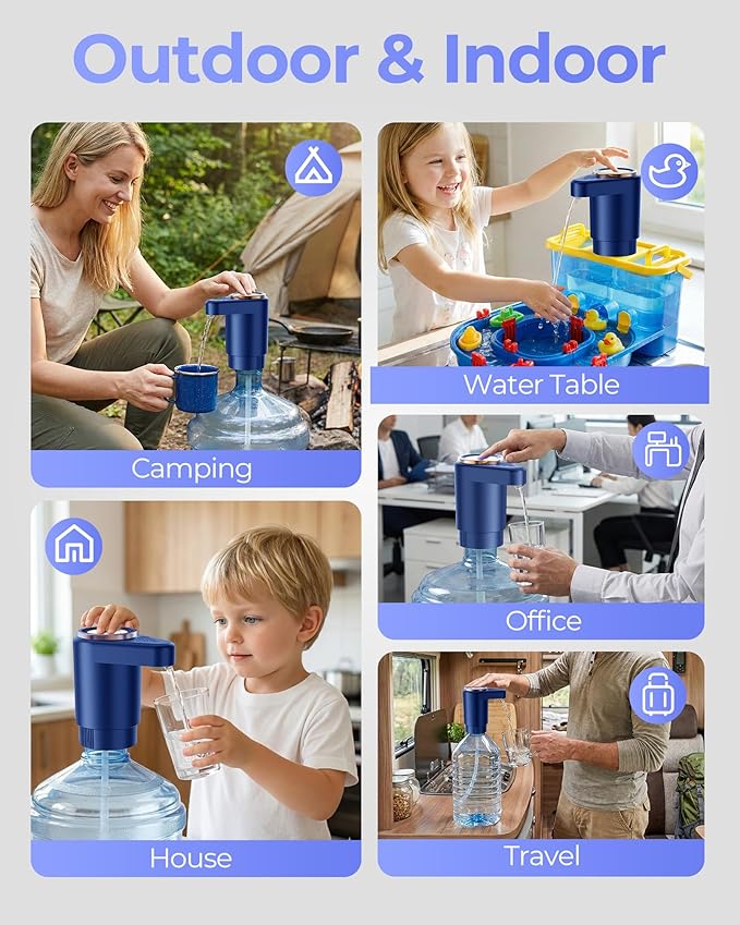 Water Jug Pump for 5 Gallon Bottle – Portable Electric USB-C Charging Dispenser, Dual Powerful Motors, Fast Flow, Fits 2-5 Gallon Jugs – Ideal for Home, Office, Camping, RV, Dark Blue