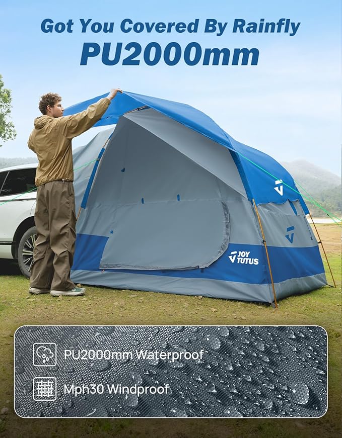 JOYTUTUS SUV Tent for Camping with Rainfly, Double Door Design Car Tent with Aluminum Poles, SUV Tailgate Tent with Waterproof PU2000mm Double Layer for 4-8 Person, Blue