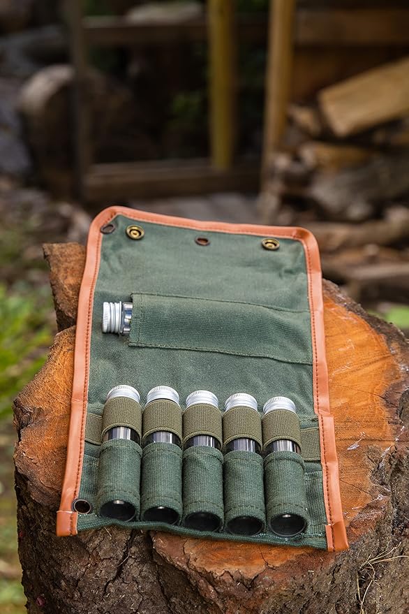 BLEEKER & RÖWE Bushcraft Camping Spice Kit Portable with Glass Jars, Funnel and Carabiner Great for Backpack and Travel Glamping Camping Gifts